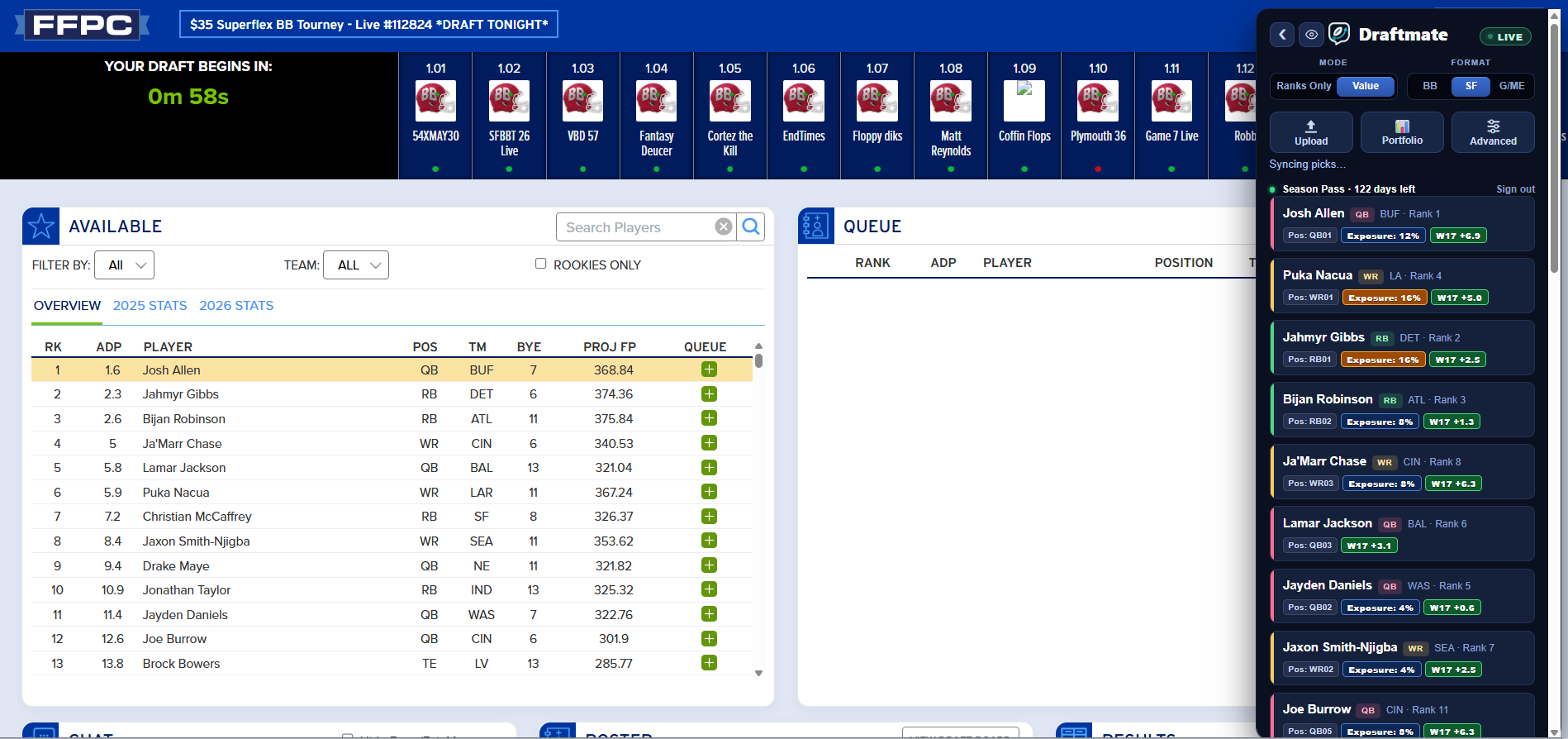 Draftmate panel showing live recommendations alongside an FFPC draft room. Each card shows the player's rank, value, exposure %, and W17 outlook.