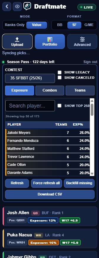 Portfolio view showing cross-team exposure list with player names, team counts, and exposure percentages.