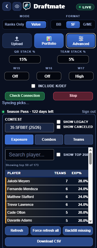 Advanced settings panel with QB Stack %, Team Stack %, and W15/W16/W17 weighting sliders.