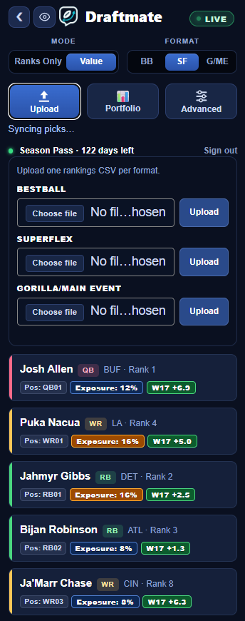 CSV upload section with separate upload slots for Bestball, Superflex, and Gorilla/Main Event ranking files.