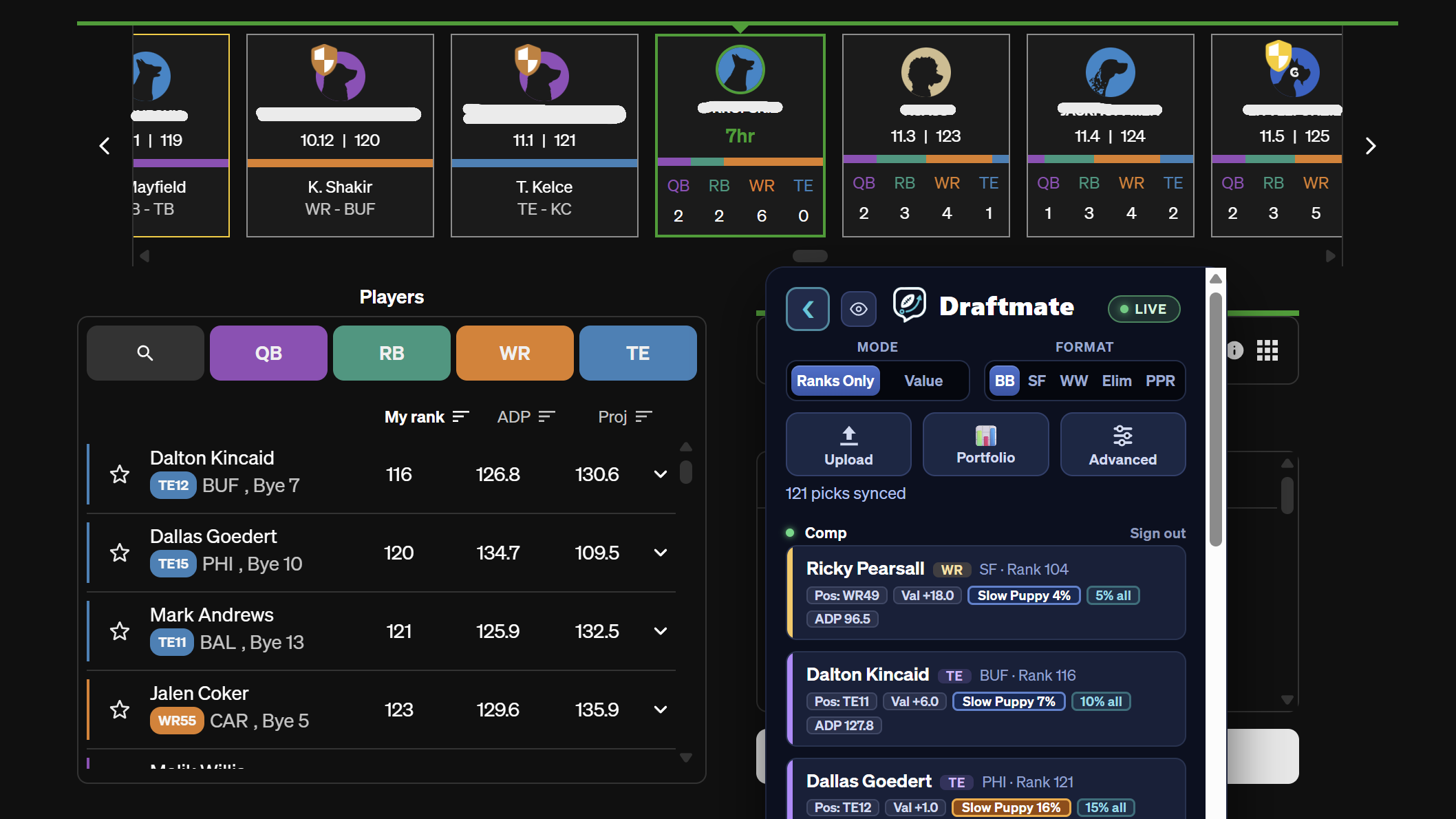 The Draftmate panel repositioned over a different part of an Underdog draft room, demonstrating that it can be dragged anywhere on the page.