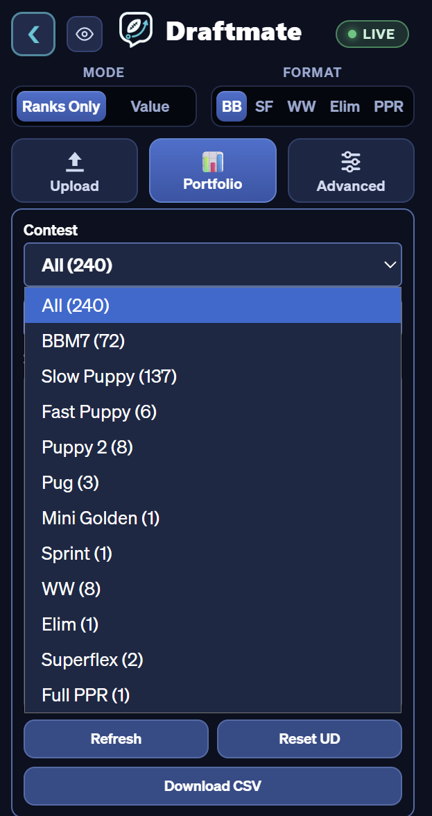 Draftmate's contest dropdown listing 240 captured Underdog teams grouped by tournament — Best Ball Mania, Slow Puppy, Fast Puppy, Puppy 2, Pug, Mini Golden, Sprint, Weekly Winners, Eliminator, Superflex and Full PPR — with Refresh, Reset and Download CSV buttons beneath it.